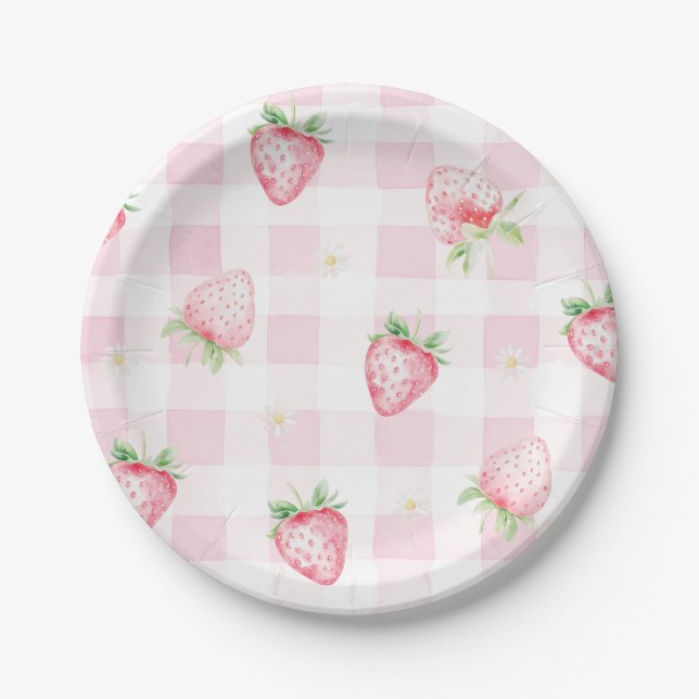Pink Strawberries Gingham Berry First 1st Birthday Pappteller (Vorderseite)