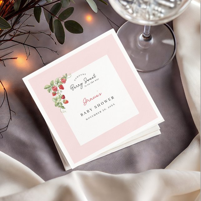 Pink Strawberry Baby Shower Napkin Serviette (Berry Sweet Strawberry Baby Shower Napkin)