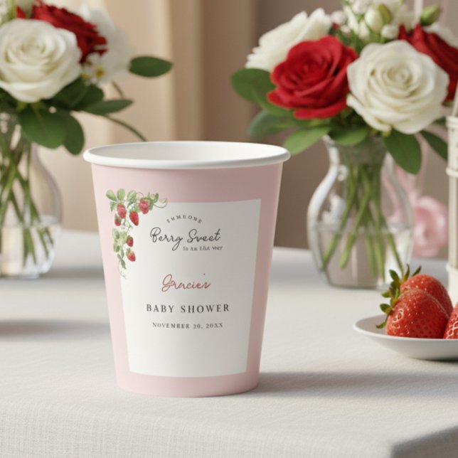 Pink Strawberry Baby Shower Pappbecher (Berry Sweet Baby Shower Paper Cup)