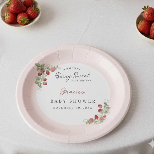 Pink Strawberry Baby Shower Pappteller (Berry Sweet Baby Shower Paper Plate)
