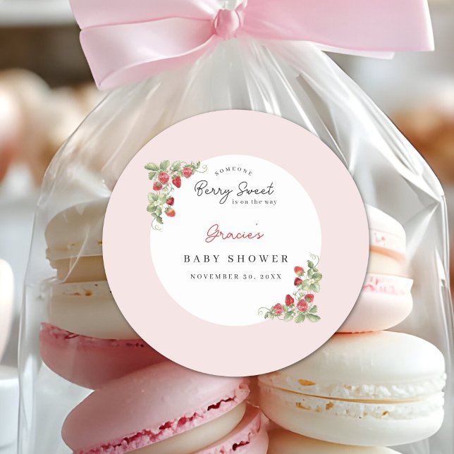 Pink Strawberry Baby Shower Runder Aufkleber (Berry Sweet Baby Shower Round Sticker)