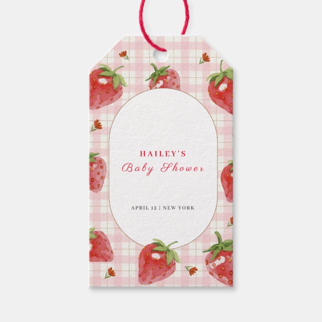Pink Strawberry Berry Sweet Gingham Baby Dusche Geschenkanhänger (Vorderseite)