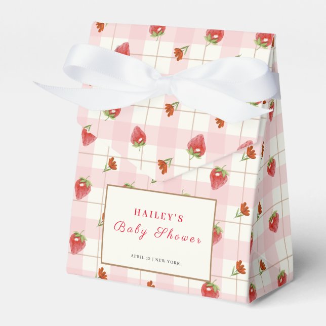 Pink Strawberry Berry Sweet Gingham Baby Dusche Geschenkschachtel (Vorderseite)