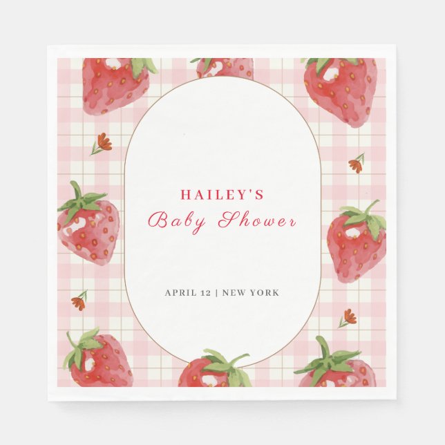 Pink Strawberry Berry Sweet Gingham Baby Dusche Serviette (Vorderseite)