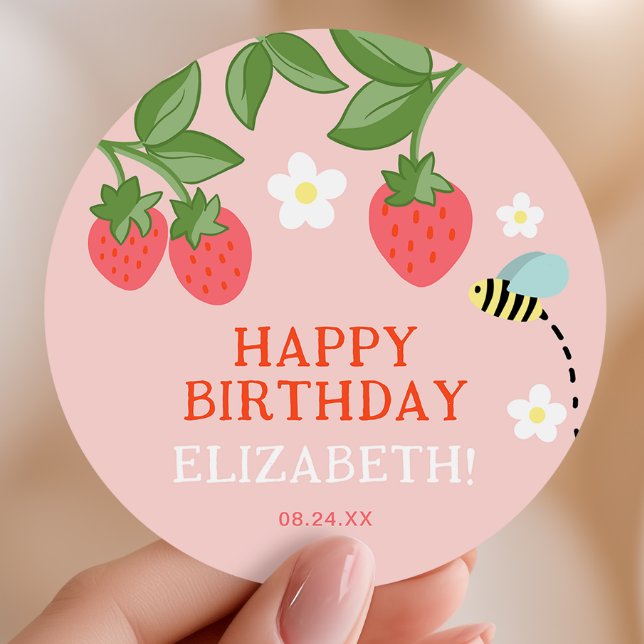 Pink Strawberry Birthday Party Favor Thank you Runder Aufkleber (Von Creator hochgeladen)