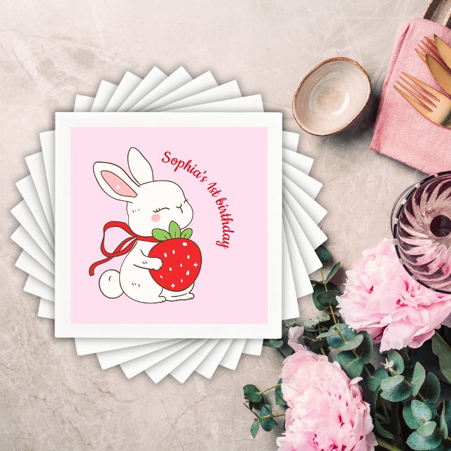Pink Strawberry Bunny Birthday Serviette (Von Creator hochgeladen)