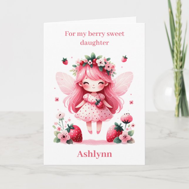 Pink Strawberry Fairy Berry Birthday Daughter Karte (Vorderseite)