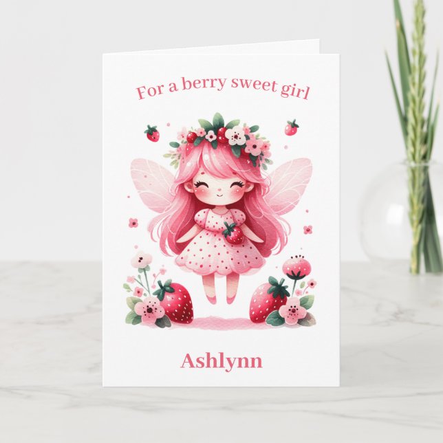 Pink Strawberry Fairy Berry Birthday Karte (Vorderseite)