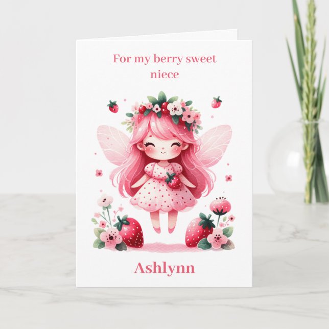 Pink Strawberry Fairy Berry Birthday Niece Karte (Vorderseite)