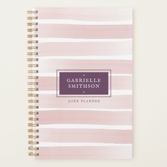 Pink Streifen Aquarell gestrichen + Name Plum Lila Planer (Vorderseite)