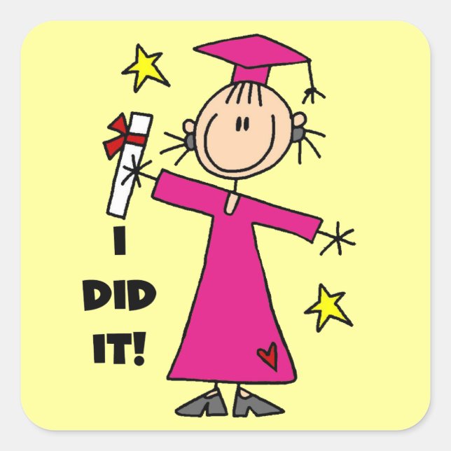 Pink Strichmännchen Girl Graduate Quadratischer Aufkleber (Vorderseite)