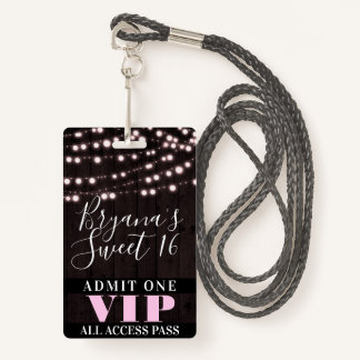 Pink String Lights Sweet 16 Party VIP Pass Ausweis