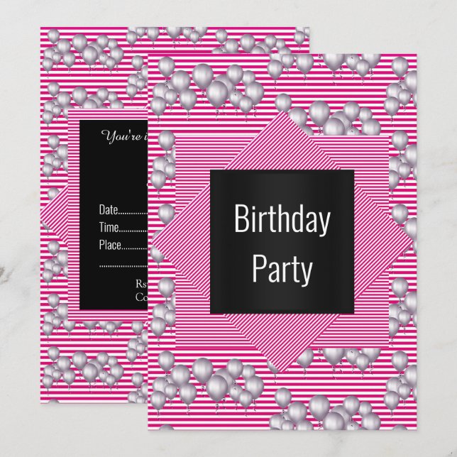 Pink Strip Ballon All Occassion PARTY EINLADUNG (Vorne/Hinten)