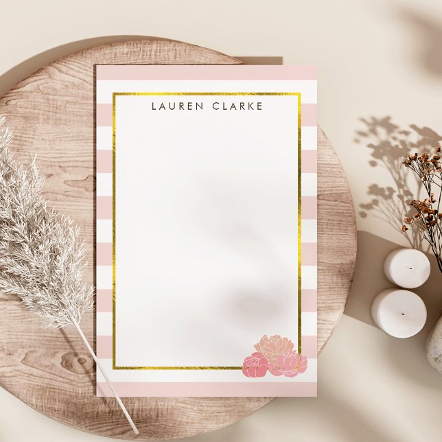 Pink Strip & Blush Peony Personalisiert Stationier Briefpapier (Von Creator hochgeladen)