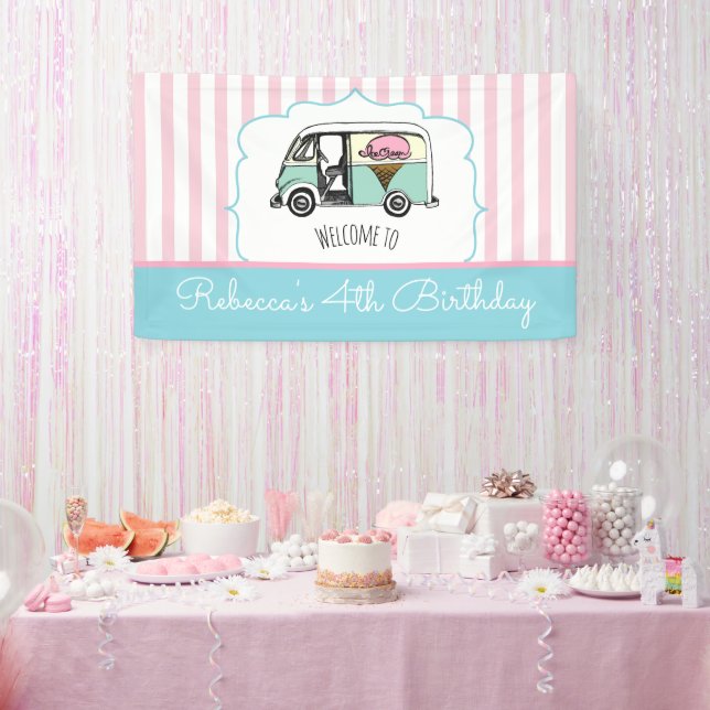 Pink Strip Ice Truck Birthday Banner (Party)
