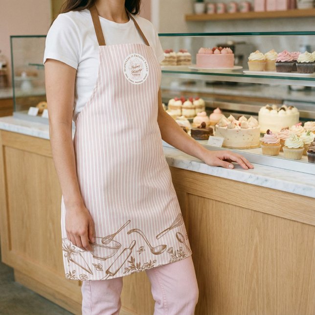 Pink Stripe Bakery Logo Hand Drawn Baking Utensils Schürze (Pink Stripe Bakery Logo Hand Drawn Baking Utensils Apron)