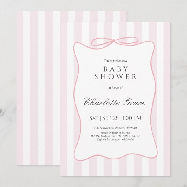 Pink Stripe Bow Kinderdusche Einladung (Vorne/Hinten)