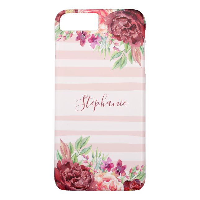 Pink Stripe Bugundy Floral Personalisiert Case-Mate iPhone Hülle (Rückseite)