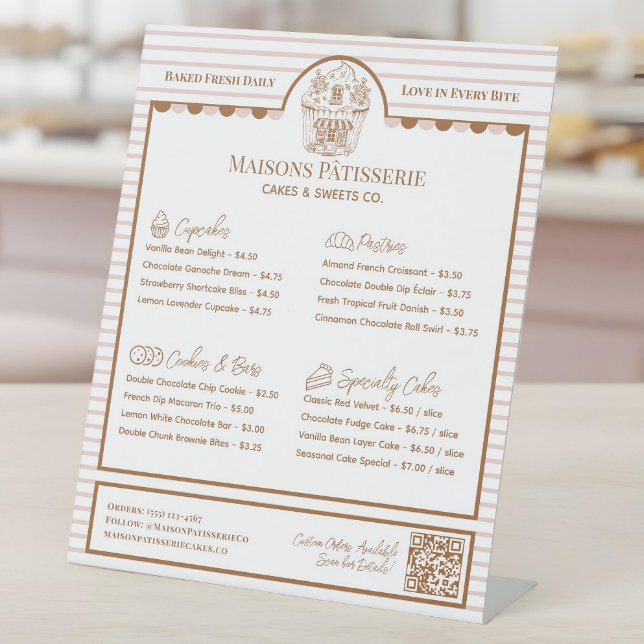 Pink Stripe Cupcake Shop Bakery Menu Price List Sockelschild (Pink Stripe Cupcake Shop Bakery Menu Price List Pedestal Sign)