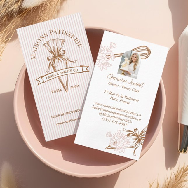Pink Stripe Floral Baking Utensils Pastry Bakery  Visitenkarte (Pink Stripe Floral Baking Utensils Pastry Bakery Business Card)