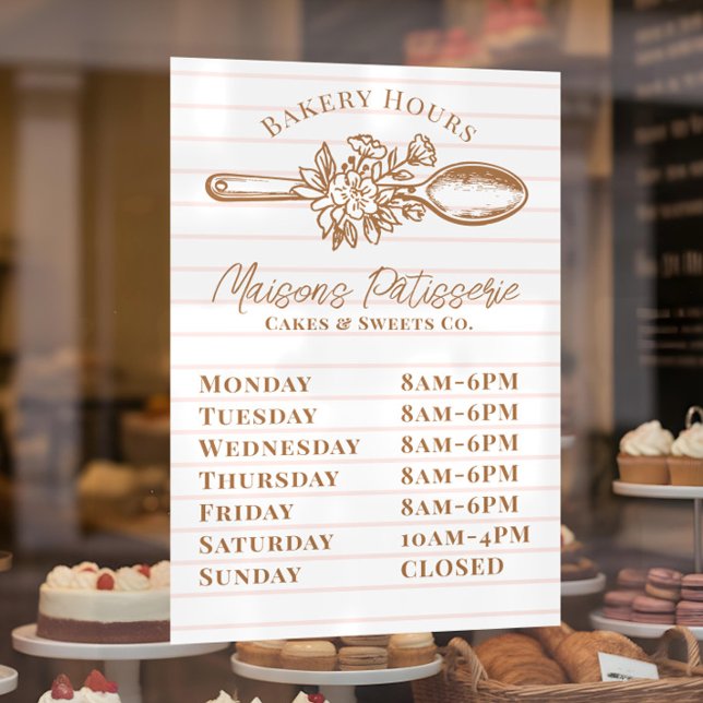 Pink Stripe Floral Spoon Bakery Shop Store Hours Fensteraufkleber (Pink Stripe Floral Spoon Bakery Shop Store Hours Window Cling)