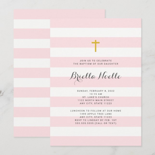 Pink Stripe Girl Baptism ou invitation de la premi (Devant / Derrière)