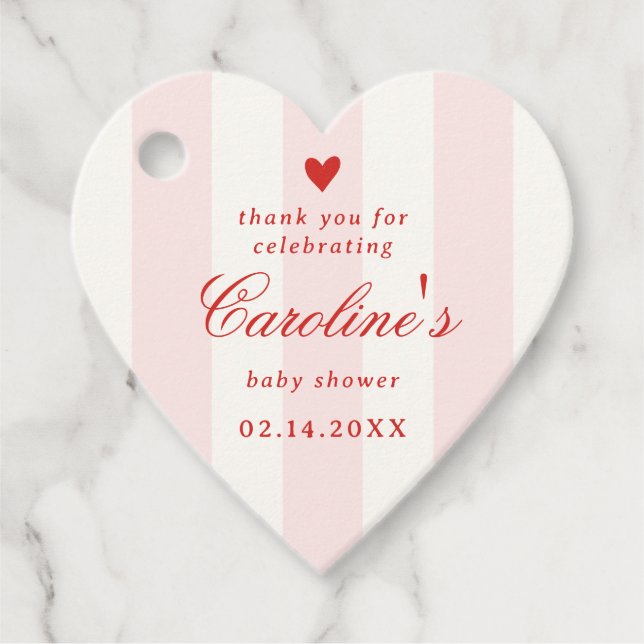 Pink Stripe Heart Valentine Baby Shower Geschenkanhänger (Vorderseite)