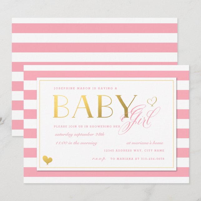 Pink Stripe Imitate Gold Baby Girls Dusche Einladung (Vorne/Hinten)