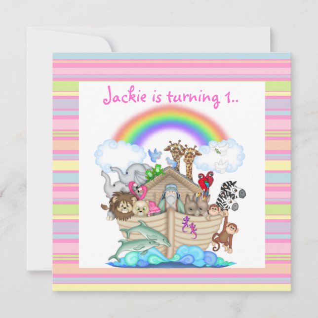 PINK STRIPE NOAHS ARK EINLADUNG (Vorderseite)