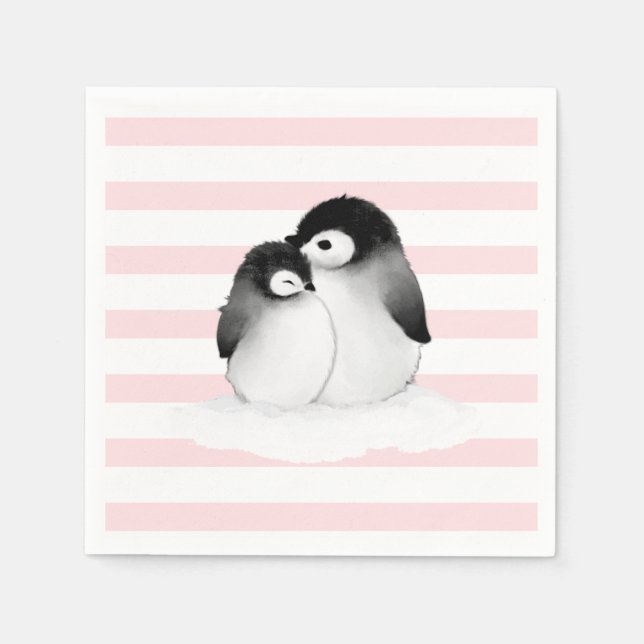 Pink Stripe Pinguin Party Dekoration Papier Napkin Serviette (Vorderseite)