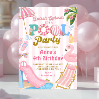 Pink Stripe Pool-Party-Mädchen-Geburtstag Einladung