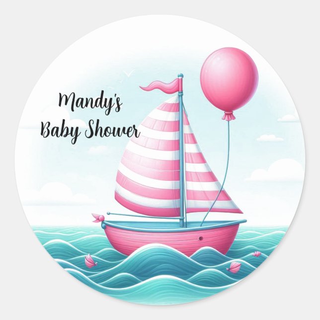Pink Stripe Sailboat Ballon Babydusche Runder Aufkleber (Vorderseite)