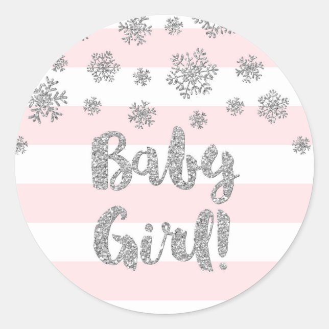 Pink Stripe Silver Snowflake Winter Baby Dusche Runder Aufkleber (Vorderseite)