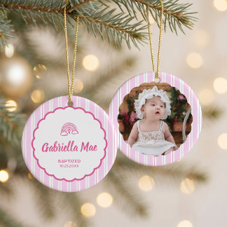 Pink Striped Baptism Photo Christmas Keramik Ornament