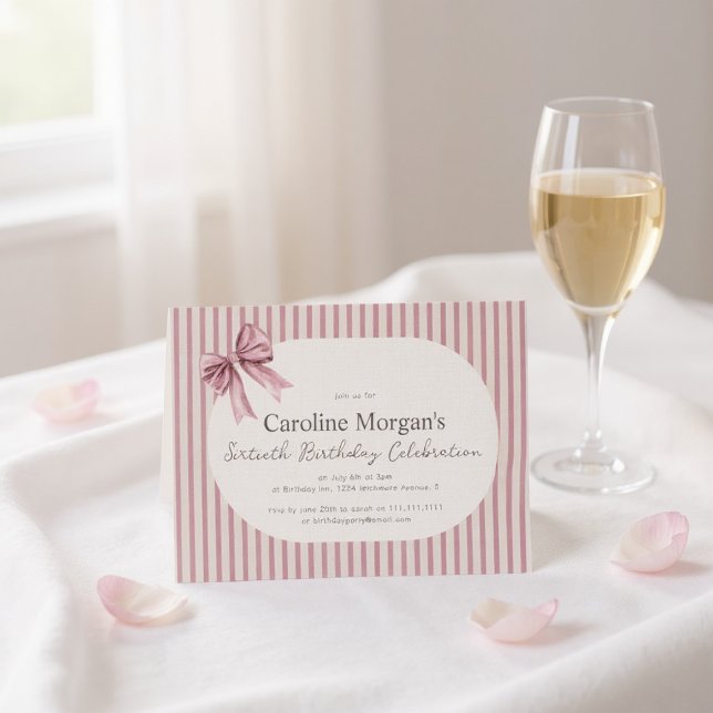 Pink Striped Bow 60th Birthday Celebration  Einladung (Von Creator hochgeladen)