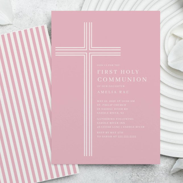 Pink Striped First Communion Invitation (Créateur téléchargé)