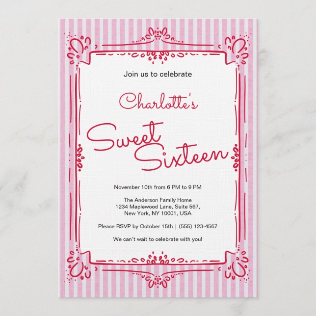 Pink Striped Glam Princess Sweet 16 Party  Einladung (Vorderseite)