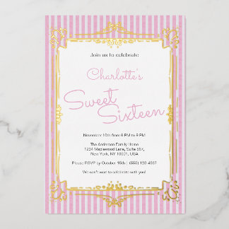 Pink Striped Glam Princess Sweet 16 Party  Folieneinladung