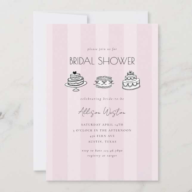 Pink Striped Vintage Cake Bridal Shower Invitation Einladung (Vorderseite)