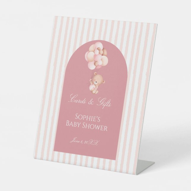 Pink Stripes Balloons Cute Teddy Bear Cards & Gift Sockelschild (Vorderseite)