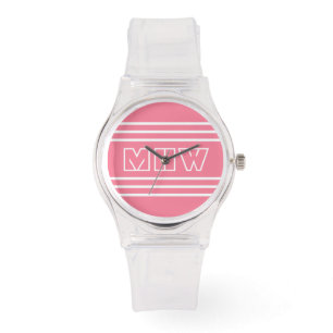 Pink Stripes benutzerdefinierte Monogramm-Uhren Armbanduhr