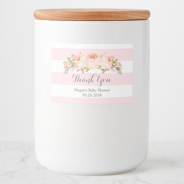Pink Stripes Blumenbecher Babydusche Lebensmitteletikett (Vorderseite)