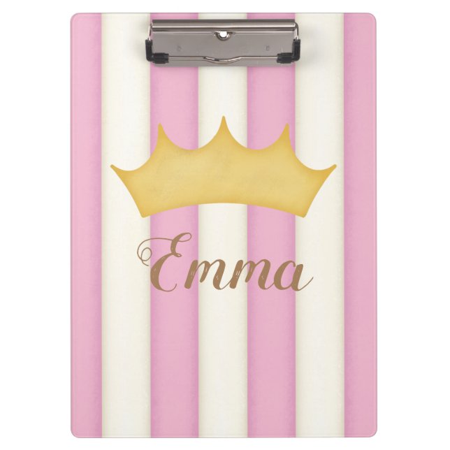 Pink Stripes Crowned Princess Personalisiert Name Klemmbrett (Vorderseite)