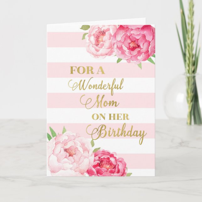 Pink Stripes et Fleurs Carte d'anniversaire maman (Devant)
