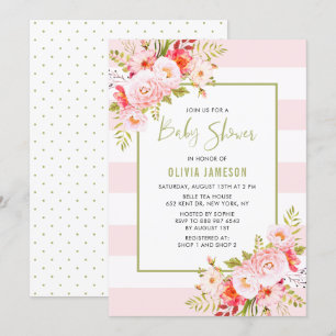 Pink Stripes Floral Bridal Douche Invitation