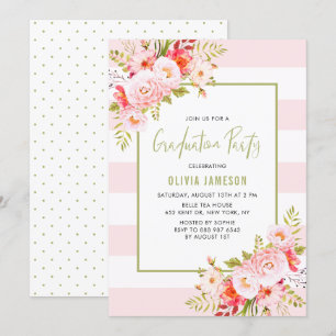 Pink Stripes Floral Graduation Party Invitation