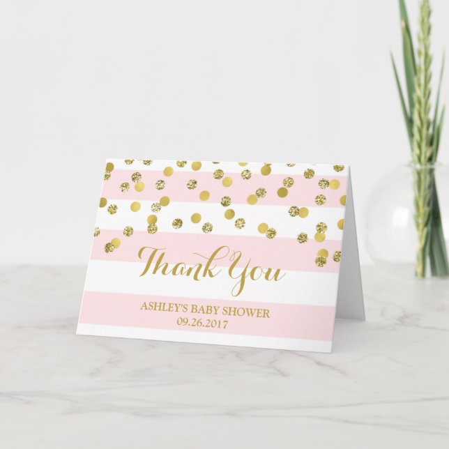 Pink Stripes Gold Confetti Baby Dusche Vielen Dank Dankeskarte (Vorderseite)