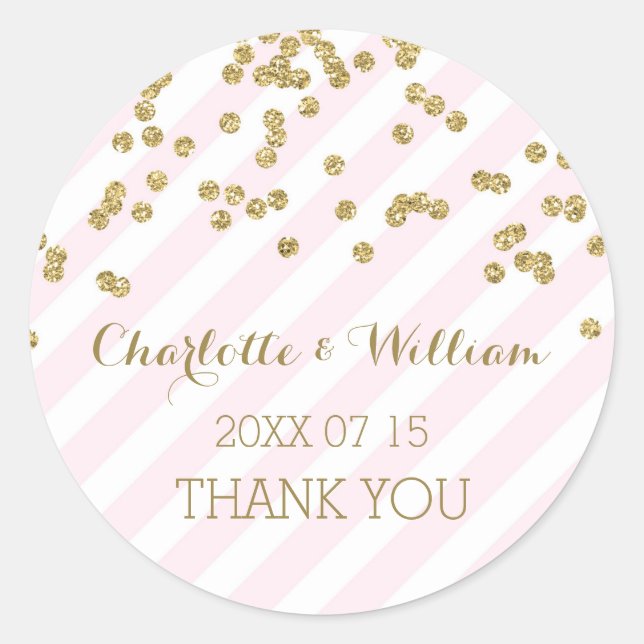 Pink Stripes Gold Confetti Gastgeschenk Hochzeit T Runder Aufkleber (Vorderseite)