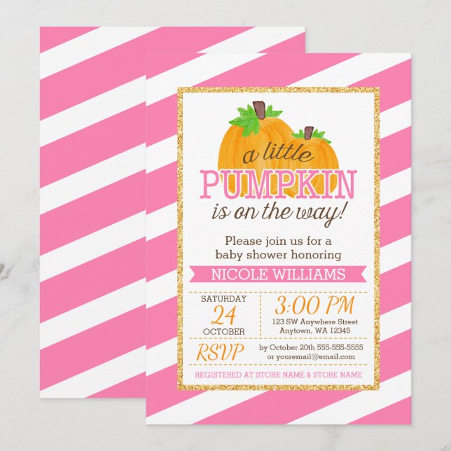 Pink Stripes Gold Little Pumpkin Fall Baby Dusche Einladung (Vorne/Hinten)