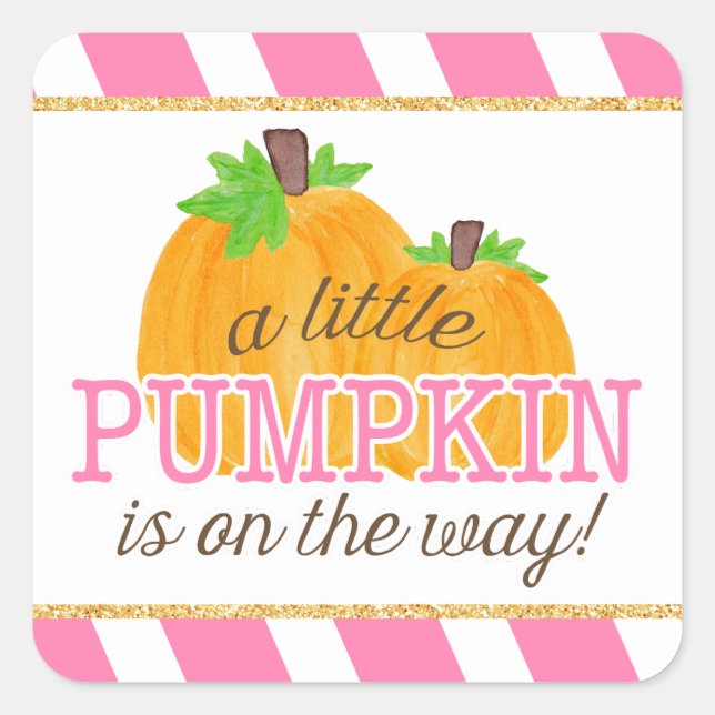 Pink Stripes Gold Little Pumpkin Fall Baby Dusche Quadratischer Aufkleber (Vorderseite)